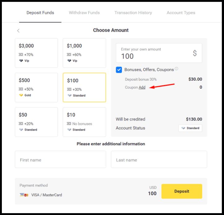 Бонус Binomo на депозит - до 70%
