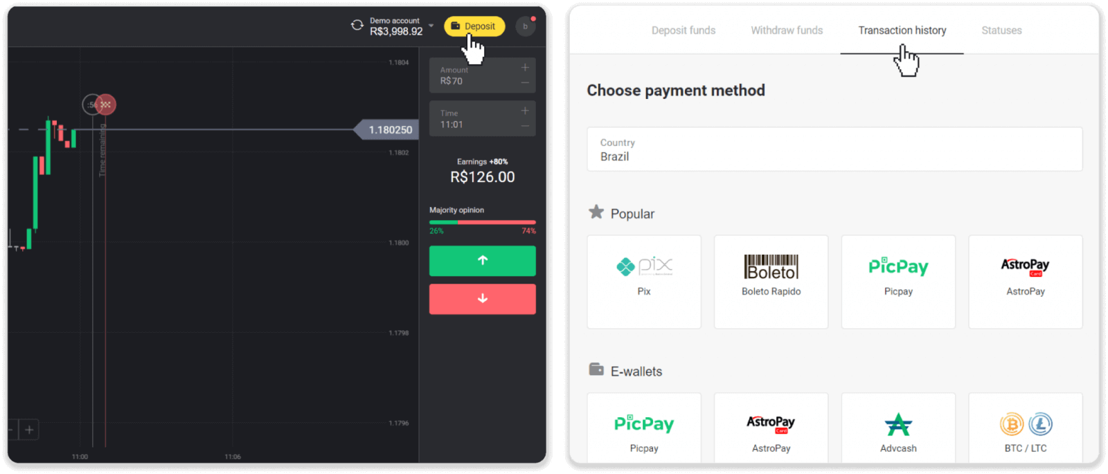 Deposit Funds in Binomo via Brazil Internet Banking (Bank Transer, Paylivre, Loterica, Itau, Boleto Rapido) and E-wallets (Picpay, Astropay, Banco do Brasil, Santander, Bradesco, Neteller, Skrill, WebMoney, Advcash) Deposit Funds in Binomo via Brazil Internet Banking (Bank Transer, Paylivre, Loterica, Itau, Boleto Rapido) and E-wallets (Picpay, Astropay, Banco do Brasil, Santander, Bradesco, Neteller, Skrill, WebMoney, Advcash)
