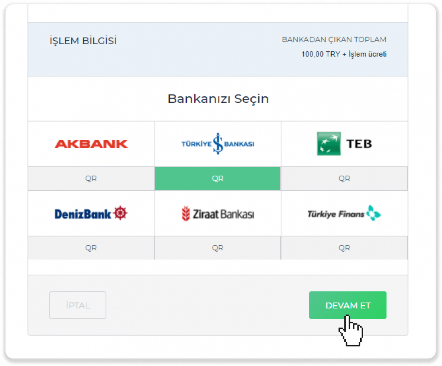 通过土耳其银行卡(Visa / MasterCard)、网上银行(银行转账、二维码、CEPbank、AKBANK、Türkiye İş Bankası、TEB、Deniz Bank、Ziraat Bankası、Türkiye Finans)和电子钱包将资金存入 Binomo 通过土耳其银行卡(Visa / MasterCard)、网上银行(银行转账、二维码、CEPbank、AKBANK、Türkiye İş Bankası、TEB、Deniz Bank、Ziraat Bankası、Türkiye Finans)和电子钱包将资金存入 Binomo