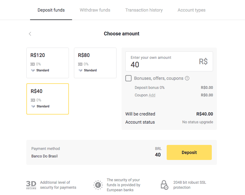 Внесіть кошти на Binomo через інтернет-банкінг Бразилії (Bank Transer, Paylivre, Loterica, Itau, Boleto Rapido) та електронні гаманці (Picpay, Astropay, Banco do Brasil, Santander, Bradesco, Neteller, Skrill, WebMoney, Advcash) Внесіть кошти на Binomo через інтернет-банкінг Бразилії (Bank Transer, Paylivre, Loterica, Itau, Boleto Rapido) та електронні гаманці (Picpay, Astropay, Banco do Brasil, Santander, Bradesco, Neteller, Skrill, WebMoney, Advcash)
