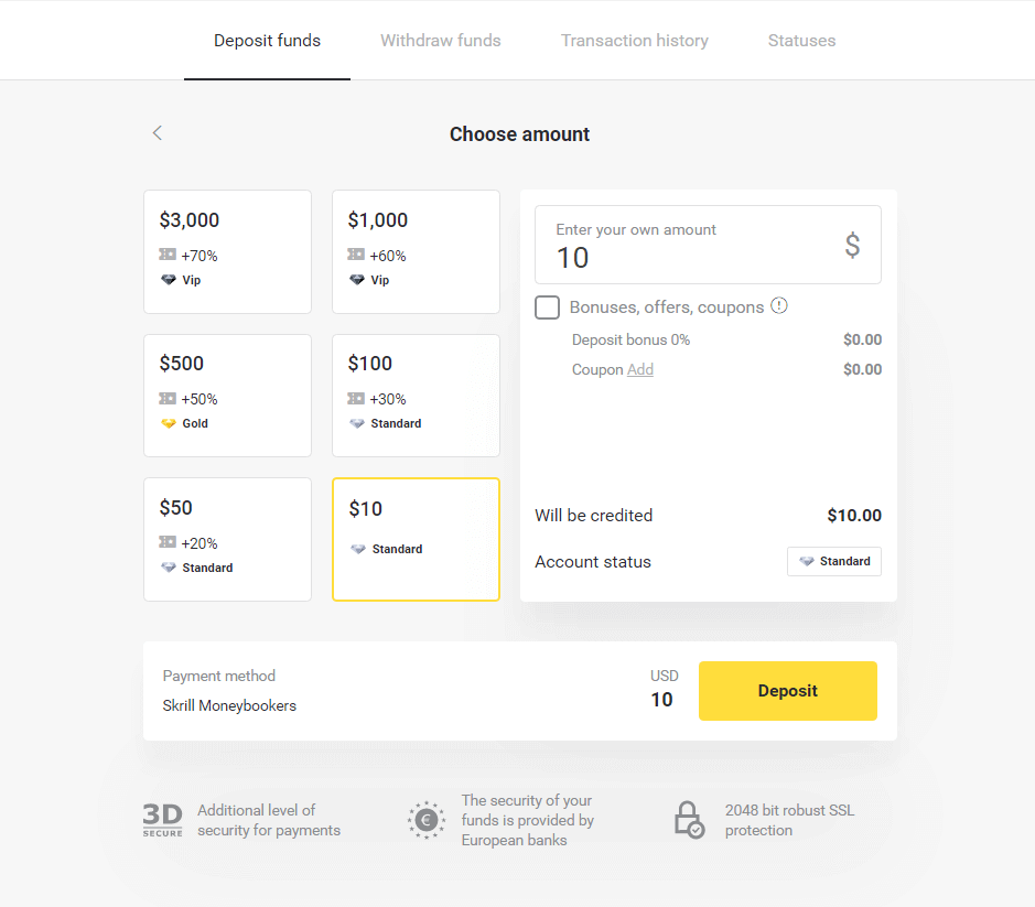 Lacagaha Debaajiga ah ee Binomo iyada oo loo marayo E-boorsada (Webmoney WMZ, Picpay, Neteller, Atropay, Cash U, Skrill, ADV lacag caddaan ah, Kaarka AstroPay, Lacag qumman) Lacagaha Debaajiga ah ee Binomo iyada oo loo marayo E-boorsada (Webmoney WMZ, Picpay, Neteller, Atropay, Cash U, Skrill, ADV lacag caddaan ah, Kaarka AstroPay, Lacag qumman)