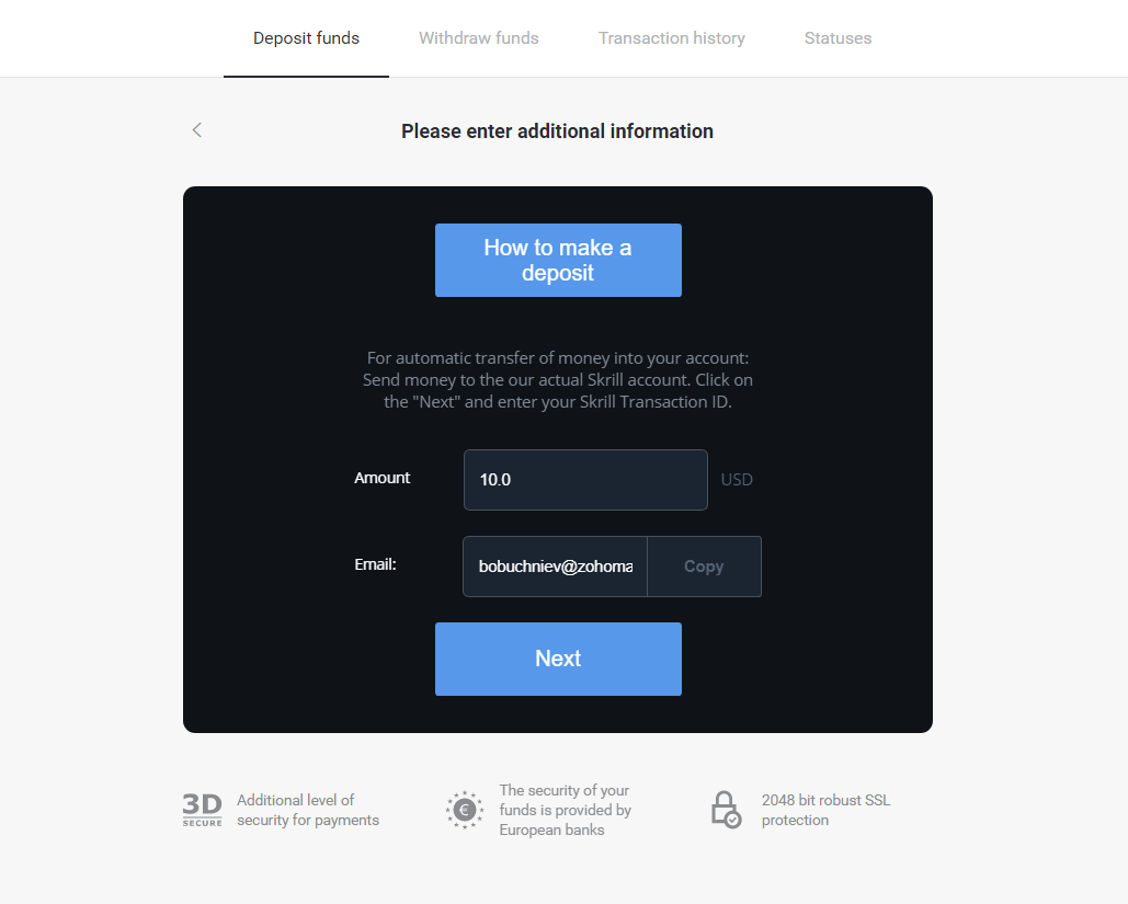Lacagaha Debaajiga ah ee Binomo iyada oo loo marayo E-boorsada (Webmoney WMZ, Picpay, Neteller, Atropay, Cash U, Skrill, ADV lacag caddaan ah, Kaarka AstroPay, Lacag qumman) Lacagaha Debaajiga ah ee Binomo iyada oo loo marayo E-boorsada (Webmoney WMZ, Picpay, Neteller, Atropay, Cash U, Skrill, ADV lacag caddaan ah, Kaarka AstroPay, Lacag qumman)