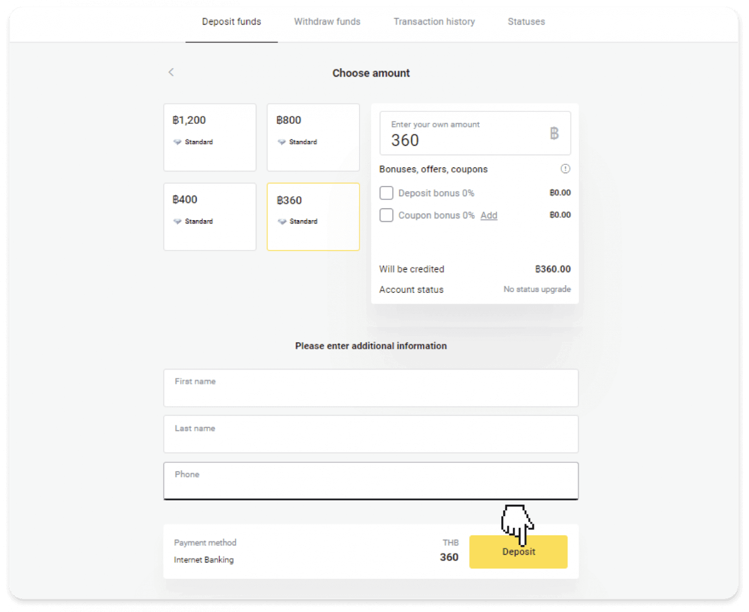 태국 Promptpay QR, True money 및 인터넷 뱅킹을 통해 Binomo에 자금 입금(SCB, Banko
