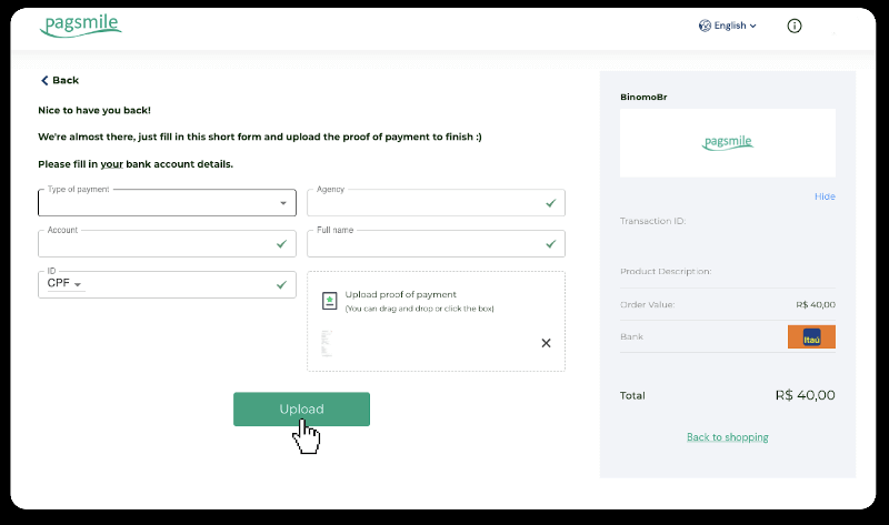 إيداع الأموال عبر التحويل البنكي (Itau، PicPay، Loterica، Boleto Rapido، Paylivre، Pagsmile، Bradesco، Santander) على Binomo