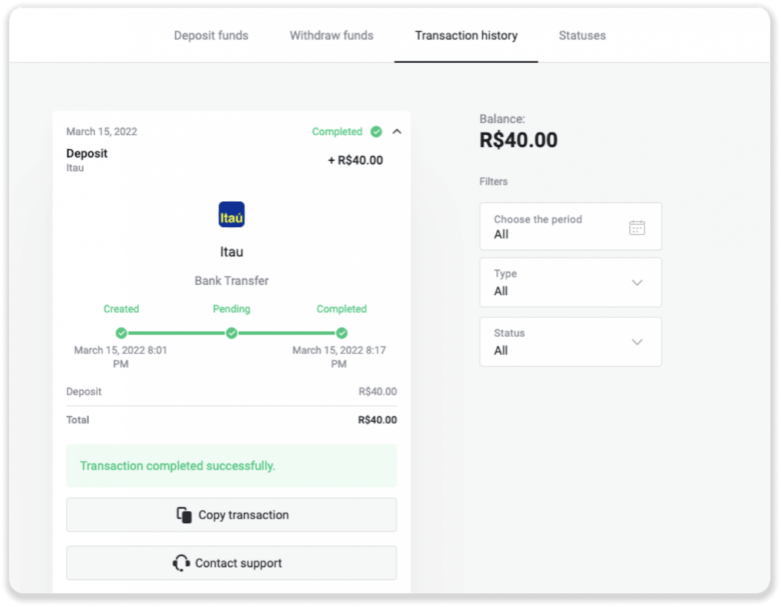 إيداع الأموال عبر التحويل البنكي (Itau، PicPay، Loterica، Boleto Rapido، Paylivre، Pagsmile، Bradesco، Santander) على Binomo