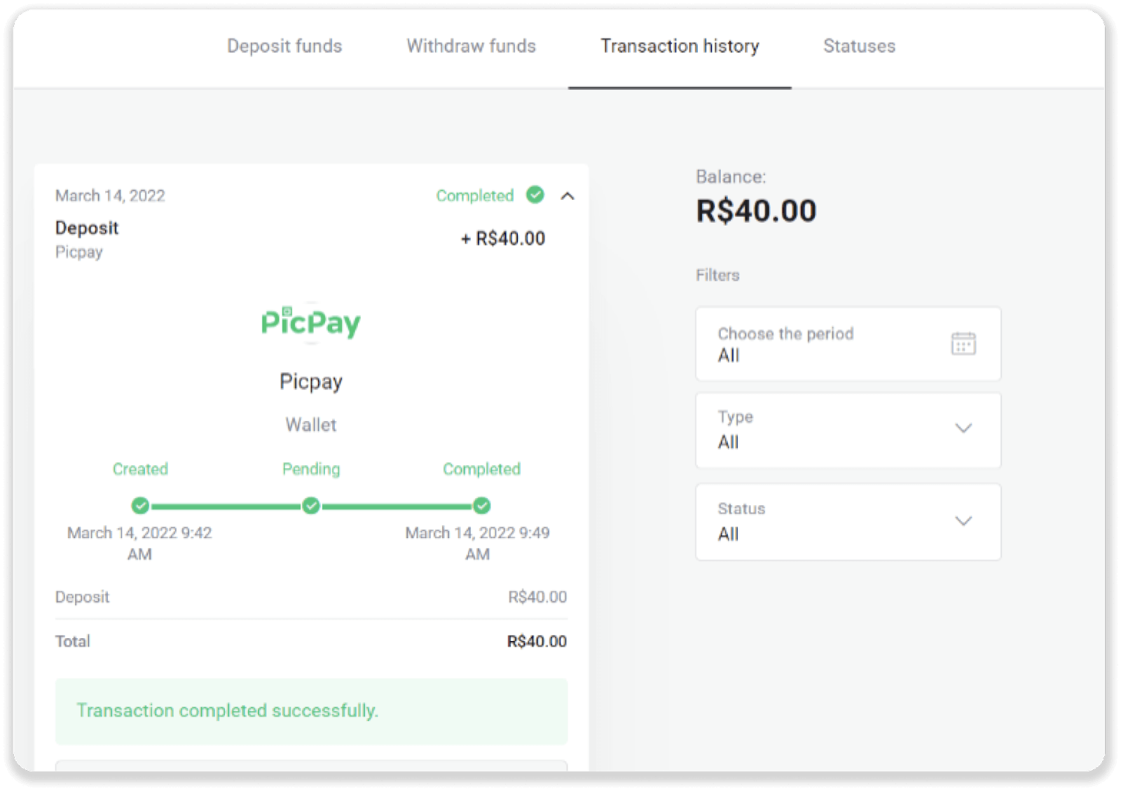 إيداع الأموال عبر التحويل البنكي (Itau، PicPay، Loterica، Boleto Rapido، Paylivre، Pagsmile، Bradesco، Santander) على Binomo