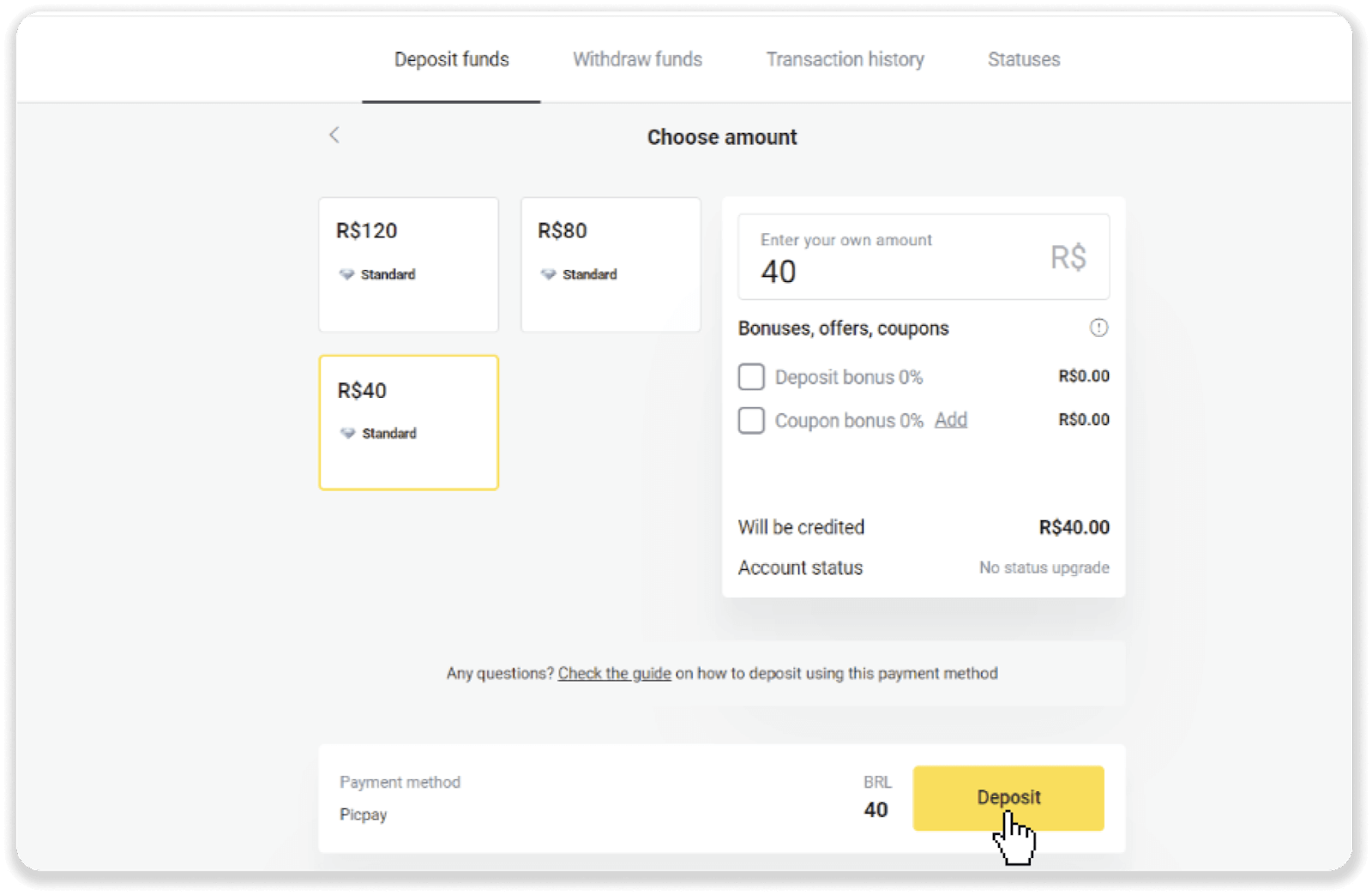 إيداع الأموال عبر التحويل البنكي (Itau، PicPay، Loterica، Boleto Rapido، Paylivre، Pagsmile، Bradesco، Santander) على Binomo