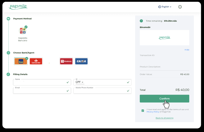 إيداع الأموال عبر التحويل البنكي (Itau، PicPay، Loterica، Boleto Rapido، Paylivre، Pagsmile، Bradesco، Santander) على Binomo