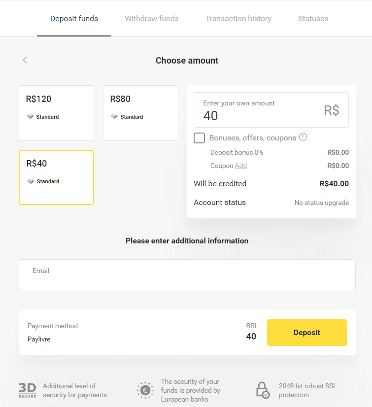 إيداع الأموال عبر التحويل البنكي (Itau، PicPay، Loterica، Boleto Rapido، Paylivre، Pagsmile، Bradesco، Santander) على Binomo