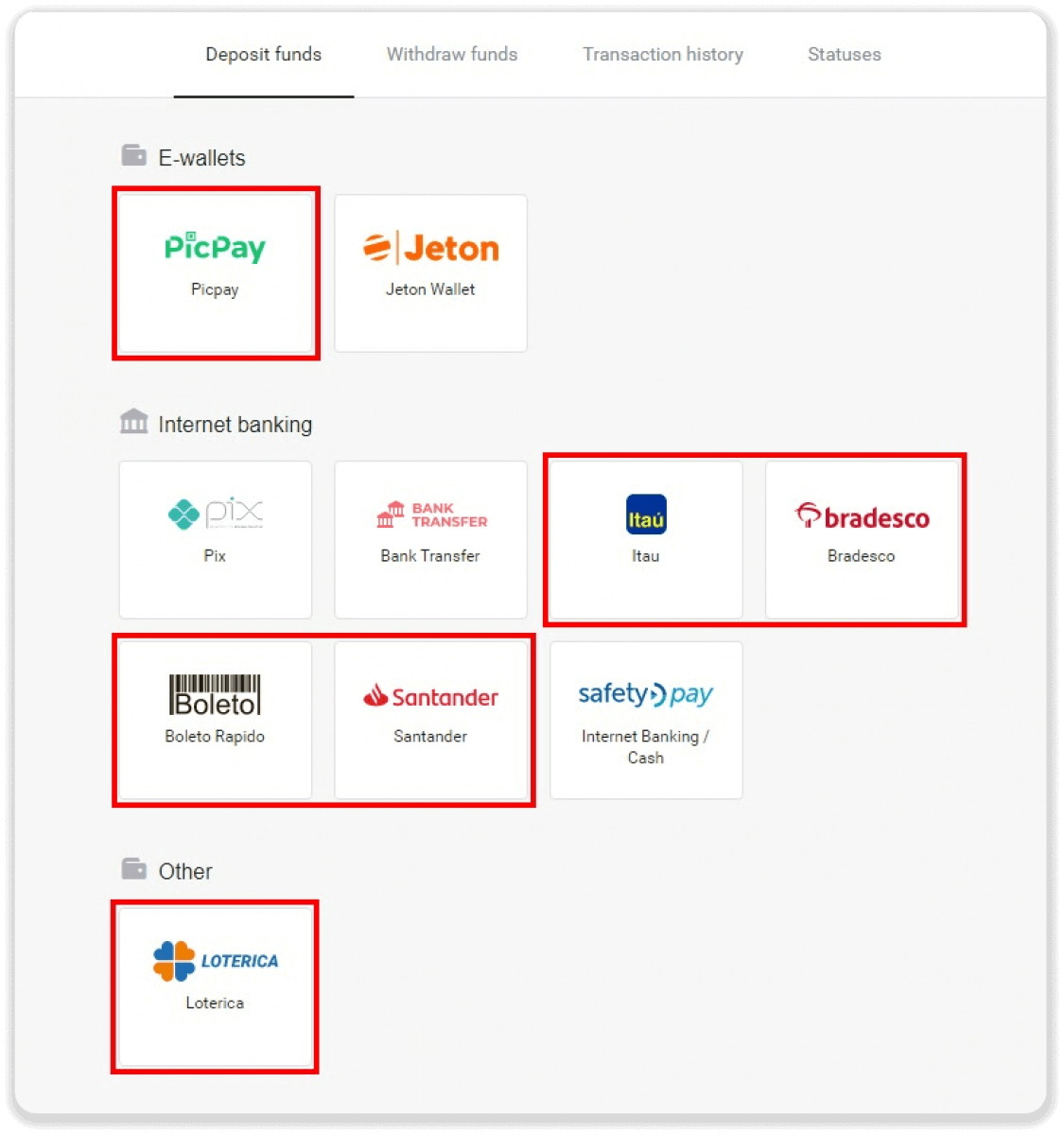 إيداع الأموال عبر التحويل البنكي (Itau، PicPay، Loterica، Boleto Rapido، Paylivre، Pagsmile، Bradesco، Santander) على Binomo