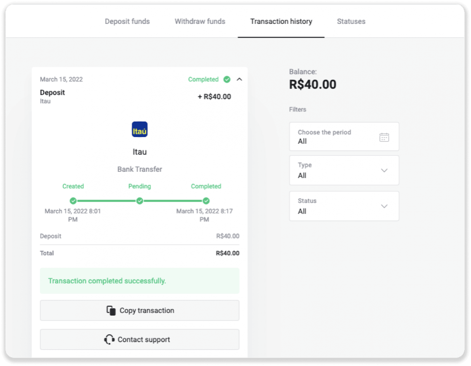 إيداع الأموال عبر التحويل البنكي (Itau، PicPay، Loterica، Boleto Rapido، Paylivre، Pagsmile، Bradesco، Santander) على Binomo
