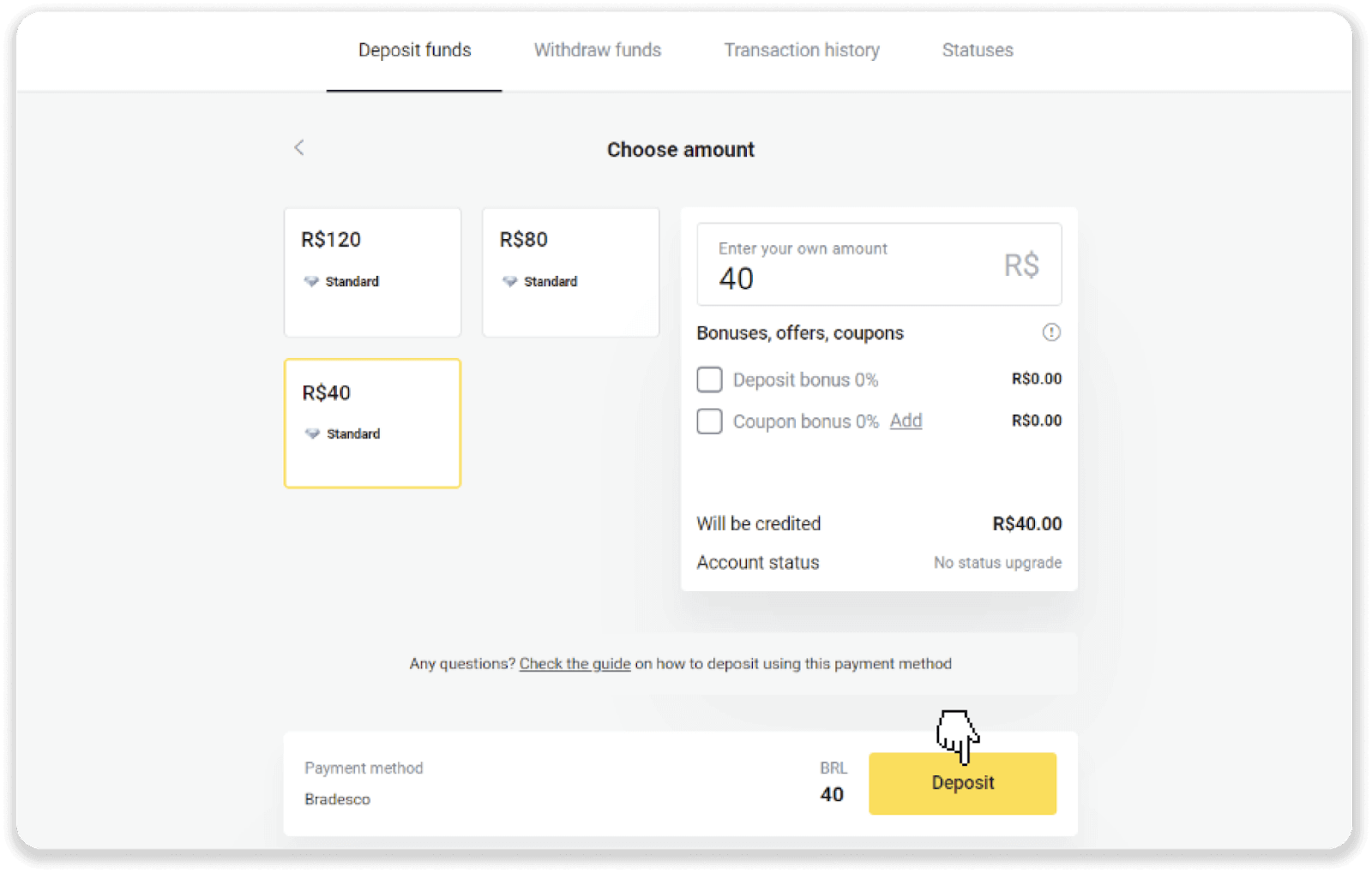 إيداع الأموال عبر التحويل البنكي (Itau، PicPay، Loterica، Boleto Rapido، Paylivre، Pagsmile، Bradesco، Santander) على Binomo