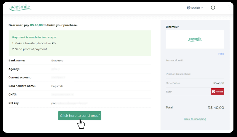 إيداع الأموال عبر التحويل البنكي (Itau، PicPay، Loterica، Boleto Rapido، Paylivre، Pagsmile، Bradesco، Santander) على Binomo
