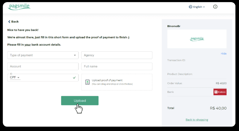 إيداع الأموال عبر التحويل البنكي (Itau، PicPay، Loterica، Boleto Rapido، Paylivre، Pagsmile، Bradesco، Santander) على Binomo