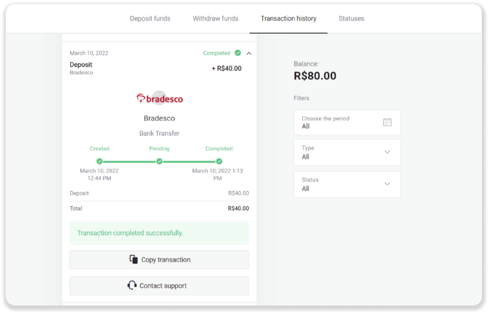 إيداع الأموال عبر التحويل البنكي (Itau، PicPay، Loterica، Boleto Rapido، Paylivre، Pagsmile، Bradesco، Santander) على Binomo