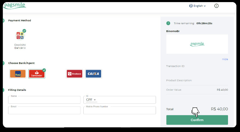 إيداع الأموال عبر التحويل البنكي (Itau، PicPay، Loterica، Boleto Rapido، Paylivre، Pagsmile، Bradesco، Santander) على Binomo