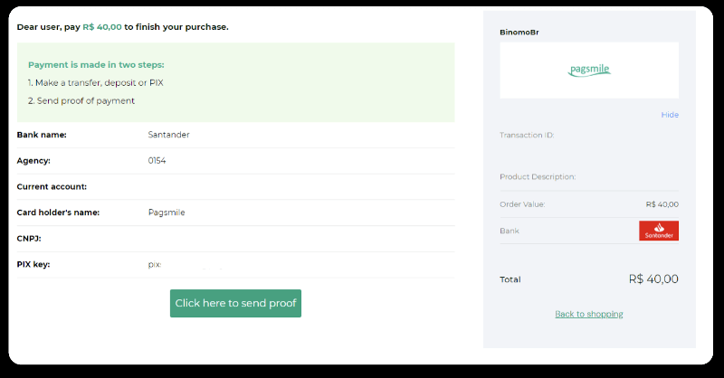 إيداع الأموال عبر التحويل البنكي (Itau، PicPay، Loterica، Boleto Rapido، Paylivre، Pagsmile، Bradesco، Santander) على Binomo