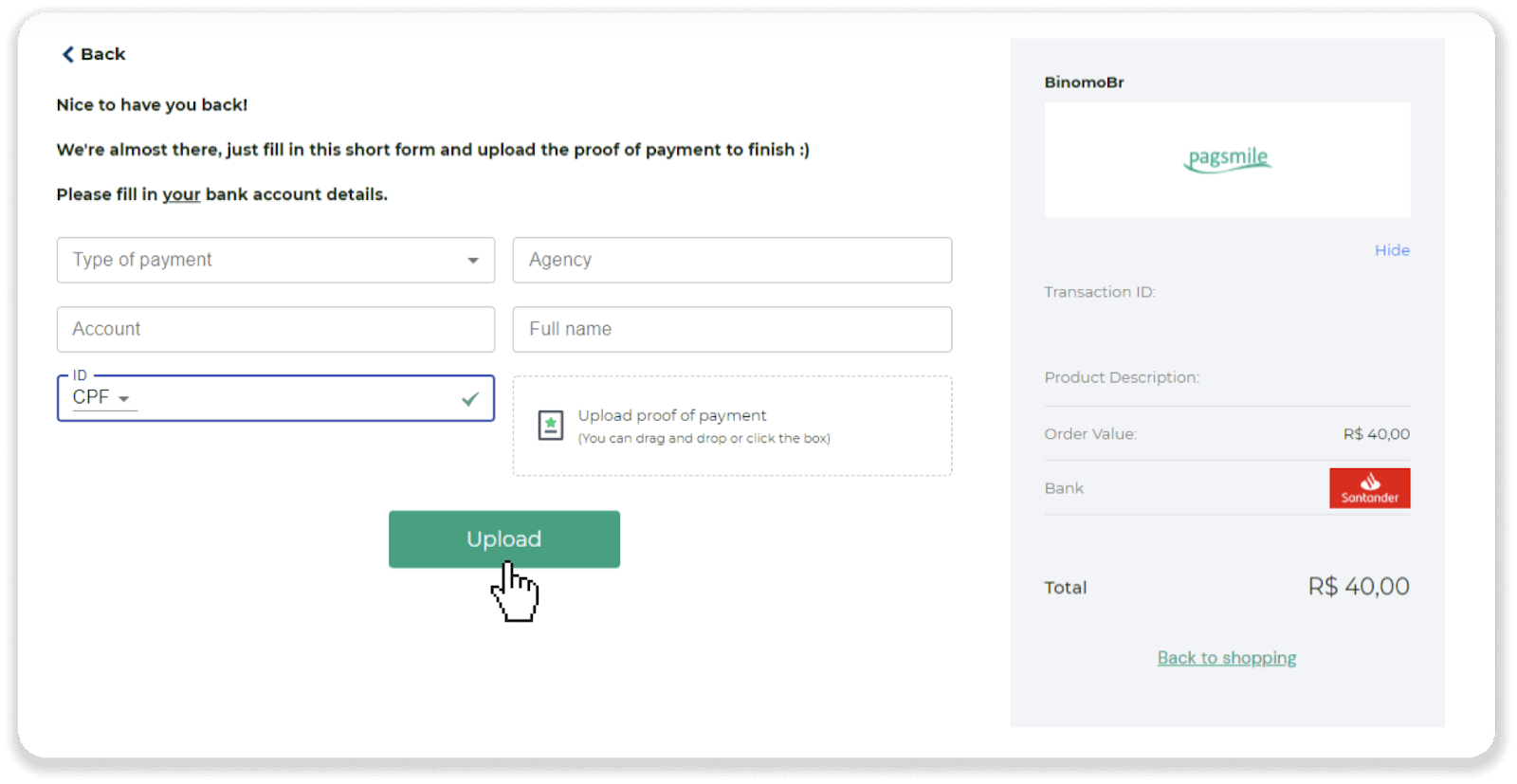 إيداع الأموال عبر التحويل البنكي (Itau، PicPay، Loterica، Boleto Rapido، Paylivre، Pagsmile، Bradesco، Santander) على Binomo