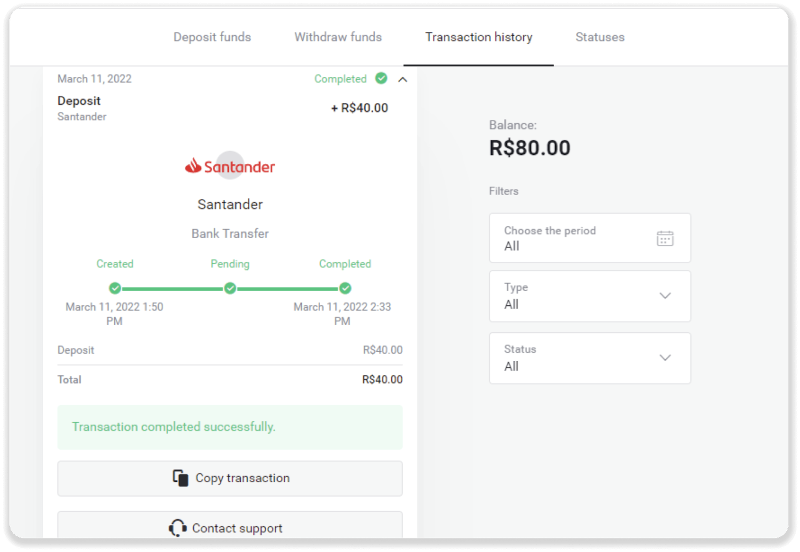 إيداع الأموال عبر التحويل البنكي (Itau، PicPay، Loterica، Boleto Rapido، Paylivre، Pagsmile، Bradesco، Santander) على Binomo