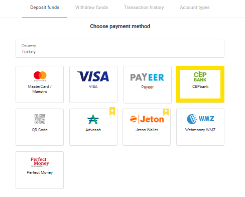 通过土耳其银行卡(Visa / MasterCard)、网上银行(银行转账、二维码、CEPbank、AKBANK、Türkiye İş Bankası、TEB、Deniz Bank、Ziraat Bankası、Türkiye Finans)和电子钱包将资金存入 Binomo 通过土耳其银行卡(Visa / MasterCard)、网上银行(银行转账、二维码、CEPbank、AKBANK、Türkiye İş Bankası、TEB、Deniz Bank、Ziraat Bankası、Türkiye Finans)和电子钱包将资金存入 Binomo