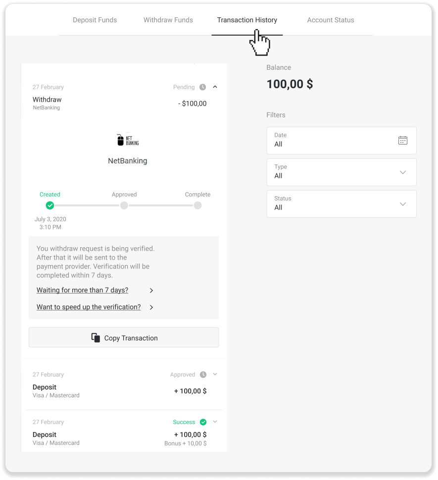 Cómo retirar fondos a mi cuenta bancaria (transferencia bancaria, banca por Internet, transferencia bancaria IMPS, transferencia bancaria NEFT, intercambiador indio, NetBanking, cuenta virtual, CEPbank, PIX) en Binomo
