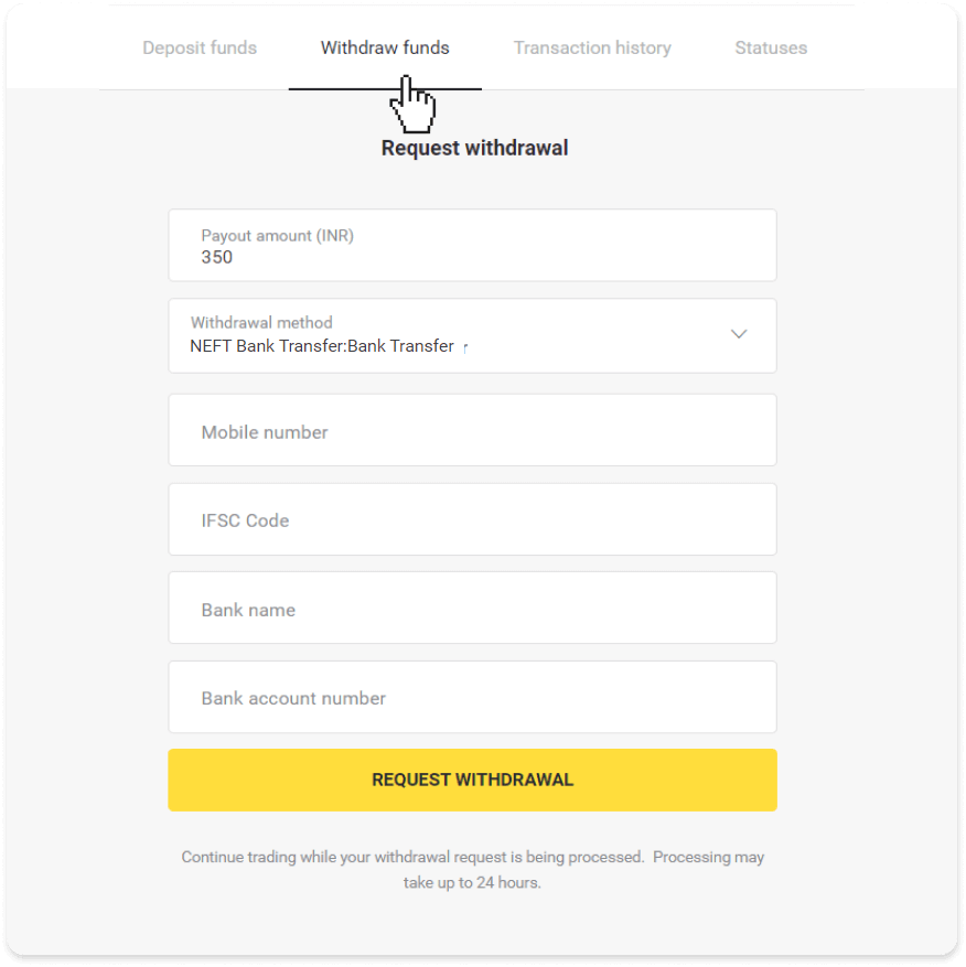Cómo retirar fondos a mi cuenta bancaria (transferencia bancaria, banca por Internet, transferencia bancaria IMPS, transferencia bancaria NEFT, intercambiador indio, NetBanking, cuenta virtual, CEPbank, PIX) en Binomo