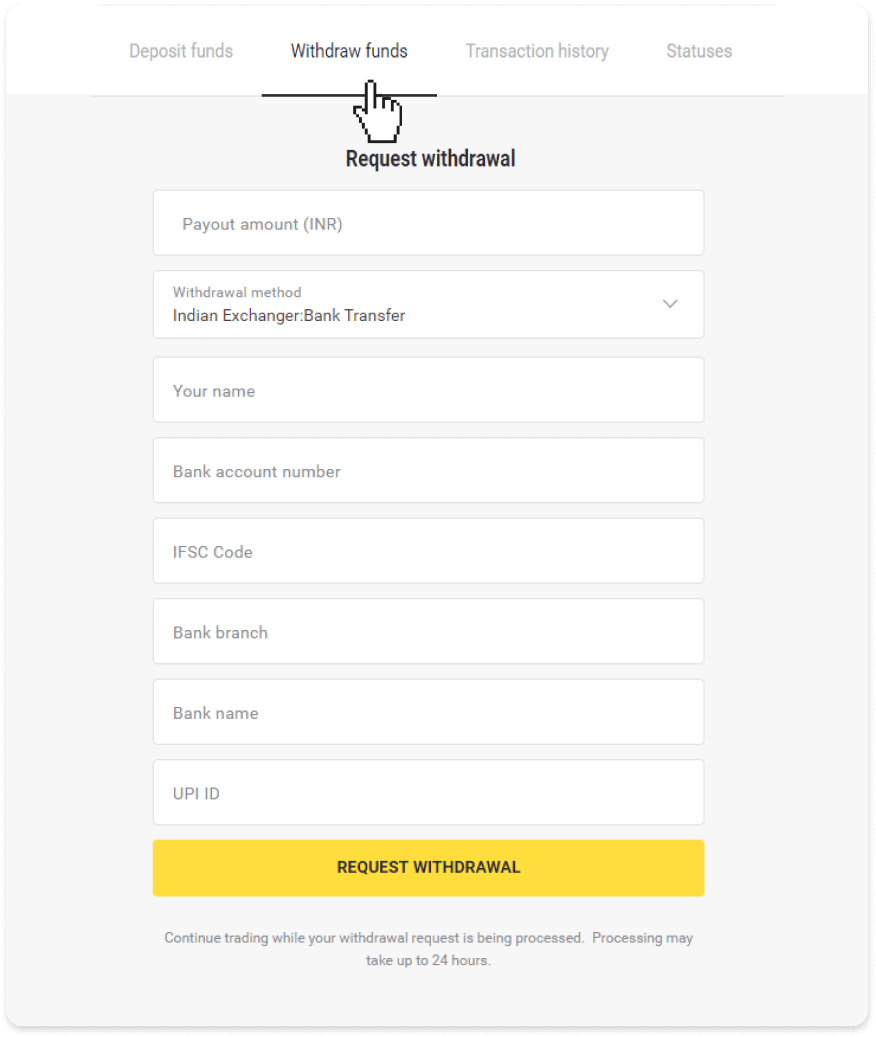 Cómo retirar fondos a mi cuenta bancaria (transferencia bancaria, banca por Internet, transferencia bancaria IMPS, transferencia bancaria NEFT, intercambiador indio, NetBanking, cuenta virtual, CEPbank, PIX) en Binomo