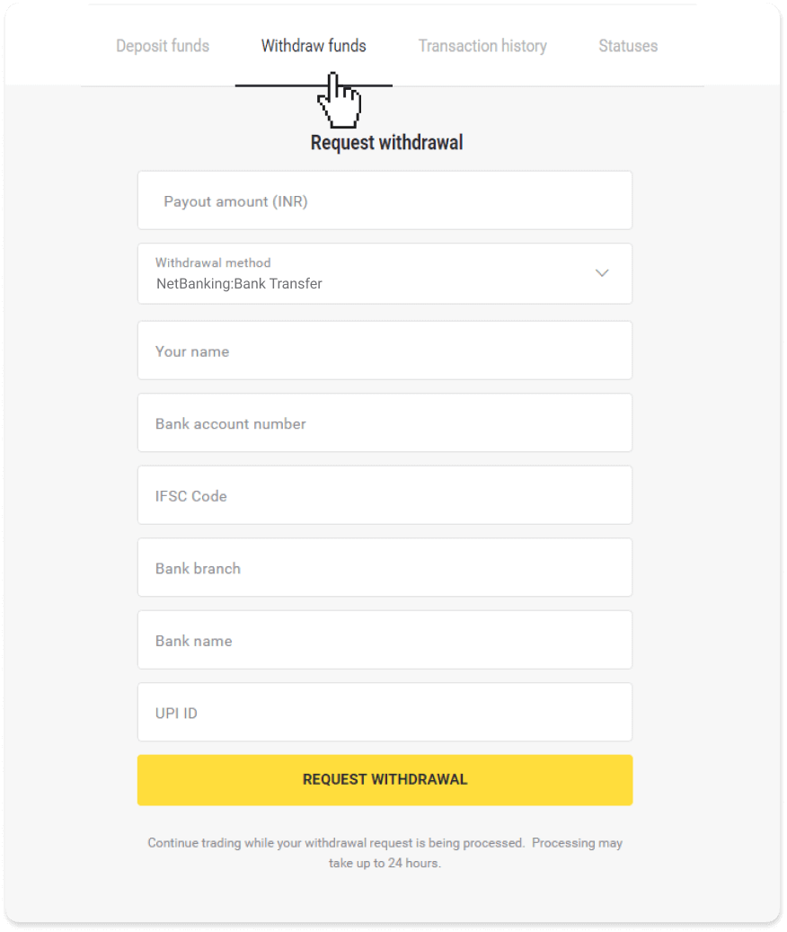 Cómo retirar fondos a mi cuenta bancaria (transferencia bancaria, banca por Internet, transferencia bancaria IMPS, transferencia bancaria NEFT, intercambiador indio, NetBanking, cuenta virtual, CEPbank, PIX) en Binomo