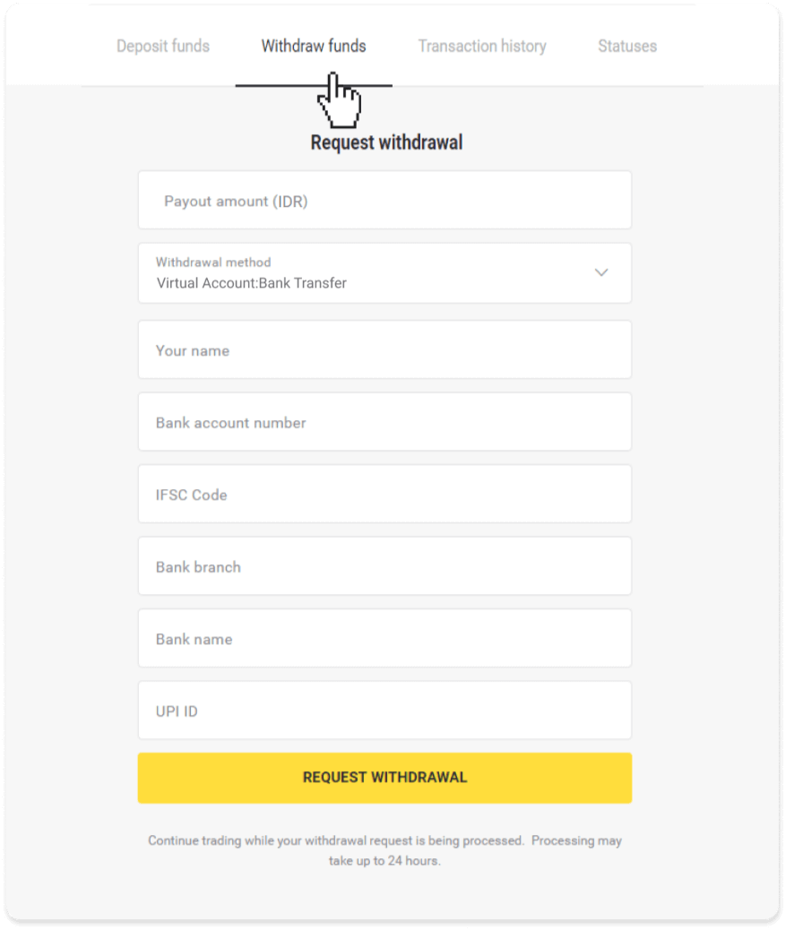 Cómo retirar fondos a mi cuenta bancaria (transferencia bancaria, banca por Internet, transferencia bancaria IMPS, transferencia bancaria NEFT, intercambiador indio, NetBanking, cuenta virtual, CEPbank, PIX) en Binomo