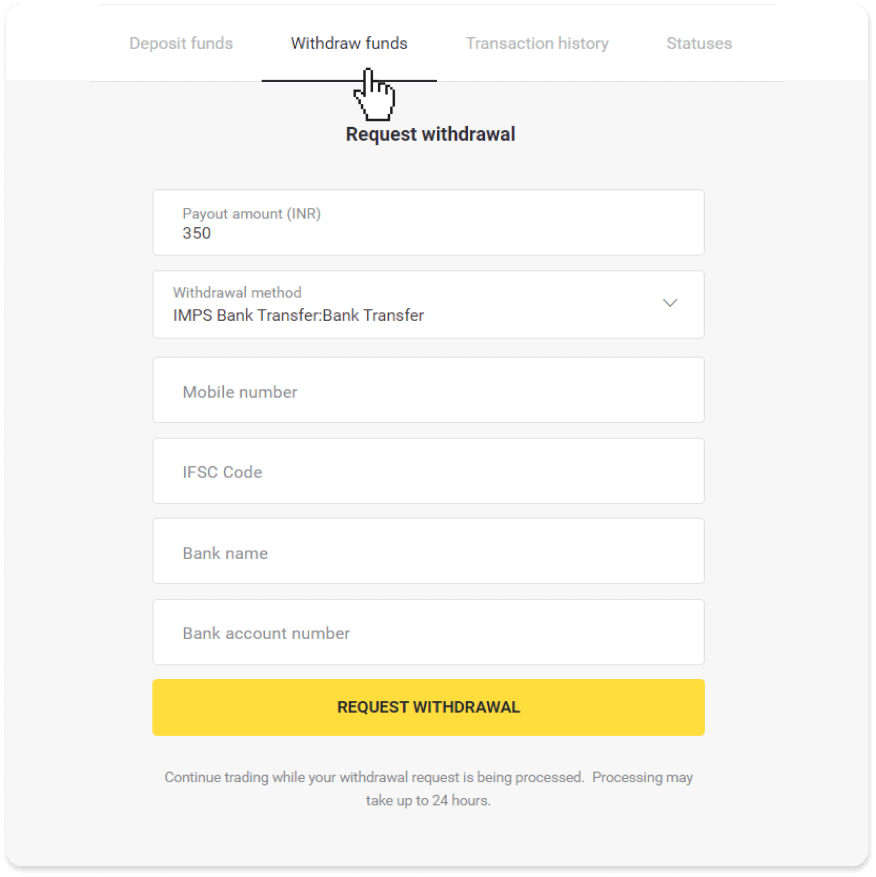 Cómo retirar fondos a mi cuenta bancaria (transferencia bancaria, banca por Internet, transferencia bancaria IMPS, transferencia bancaria NEFT, intercambiador indio, NetBanking, cuenta virtual, CEPbank, PIX) en Binomo
